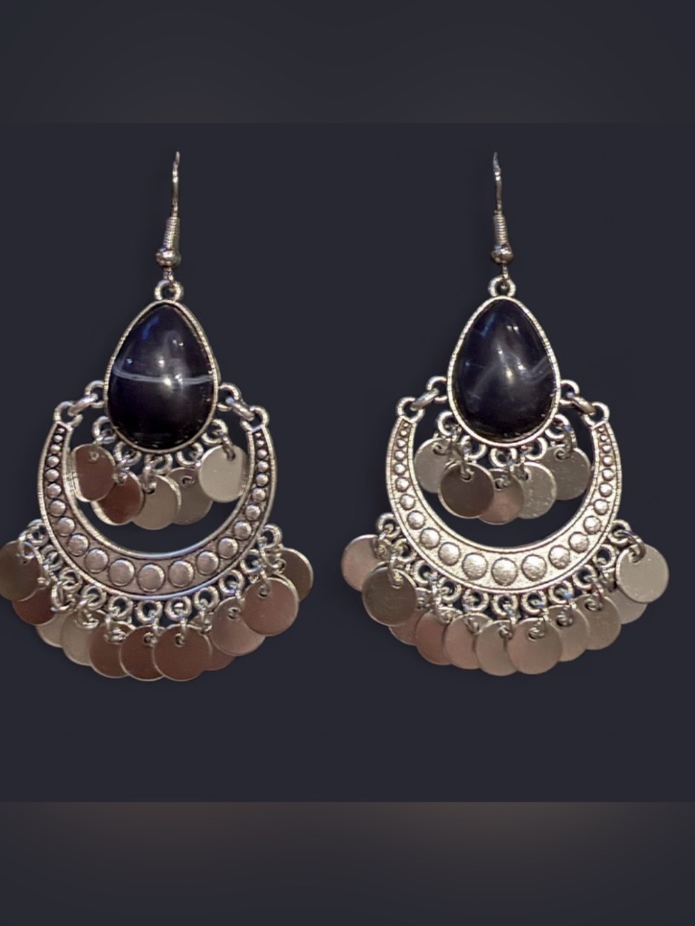 Silver Tone Teardrop Dangle Earrings with Black Stone